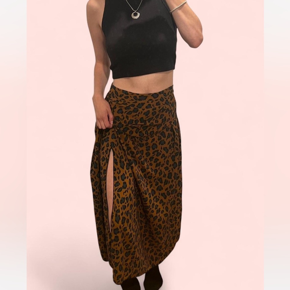 Brown and navy leopard print maxi skirt with split